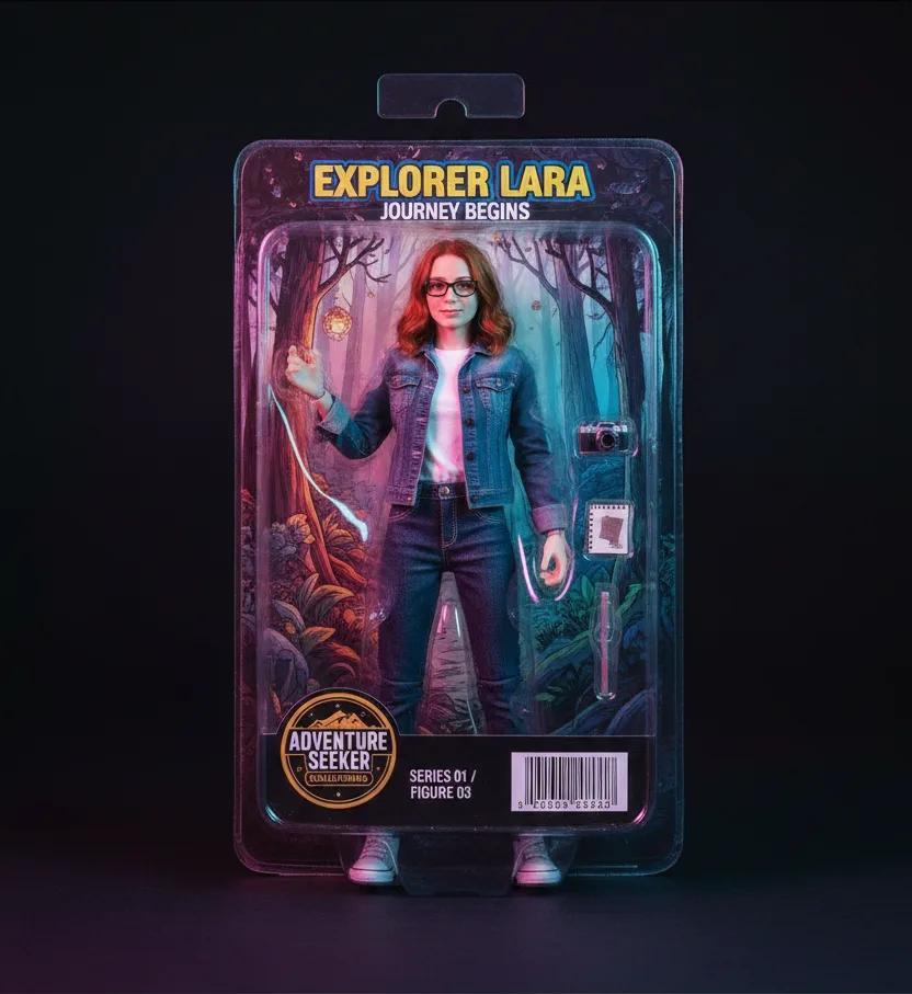 That same person as an AI action figure in Toyify collectible blister-pack packaging